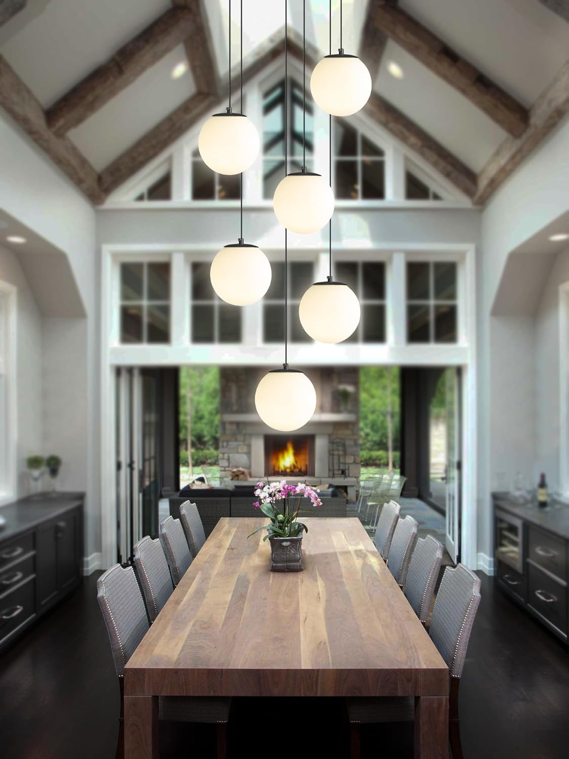 H 87in Globe Pendant Light 6-Lights Modern Hanging Chandelier for Kitchen Island Black Globe Chandelier Milk White Glass Pendant Lighting for Living Room Bedroom Entryway