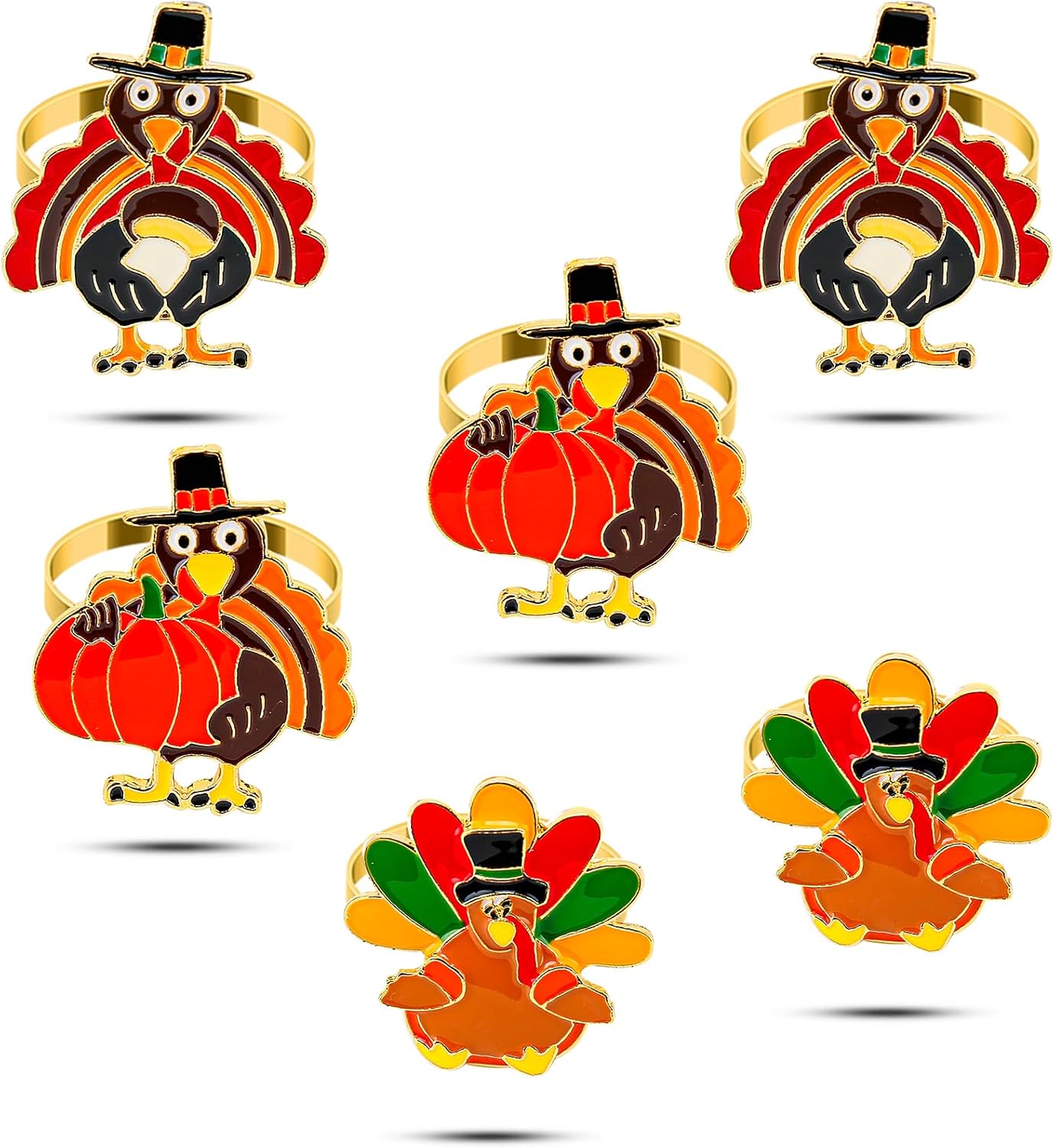 KPOSIYA Thanksgiving Napkin Rings Set of 6, Turkey Napkin Rings Vintage Alloy Fall Napkin Holders for Holiday Dinner Parties, Weddings, Family Gatherings