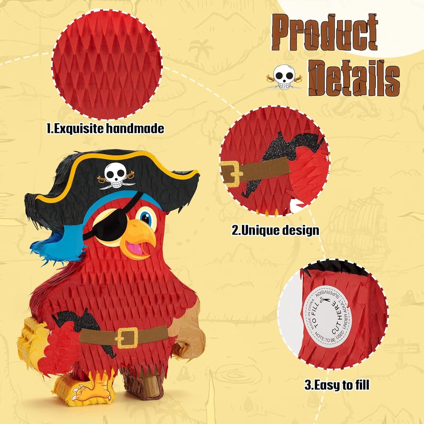 Wernnsai Pirate Piñata - Pirate Parrot Piñata with Blindfold and Bat for Boys' Birthday Party Adventure Theme Decorations