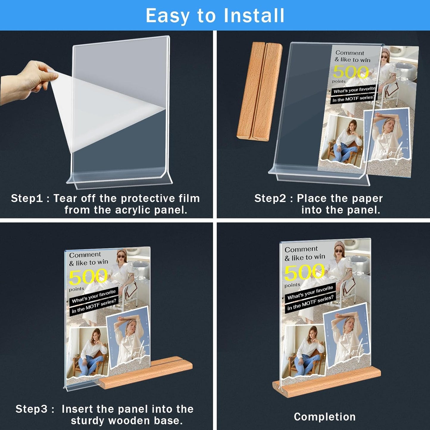 Kersally Acrylic Sign Holder 4 x 6, 3 Pack Double-Sided Clear Table Display Stands with Wood Base,Vertical Acrylic Frame Menu Flyer Paper Holder for Stores, Restaurants, Hotels, Office, Show Fair