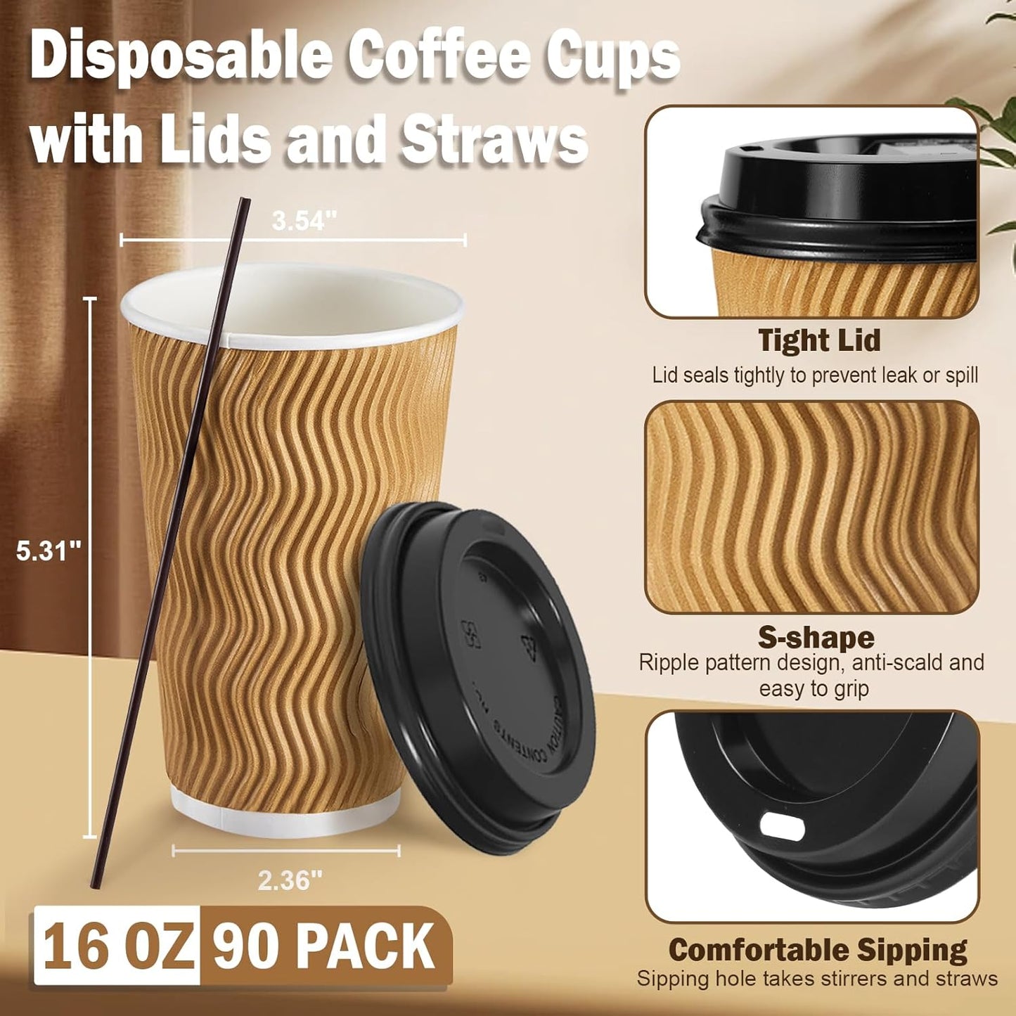 SIUQ 16 oz Coffee Cups-90 Pack Disposable Coffee Cups with Lids and Straws, Insulated Ripple Wall To Go Paper Coffee Cup for Coffee, Juice, Hot Chocolate and Hot Tea Drinks - Champagne