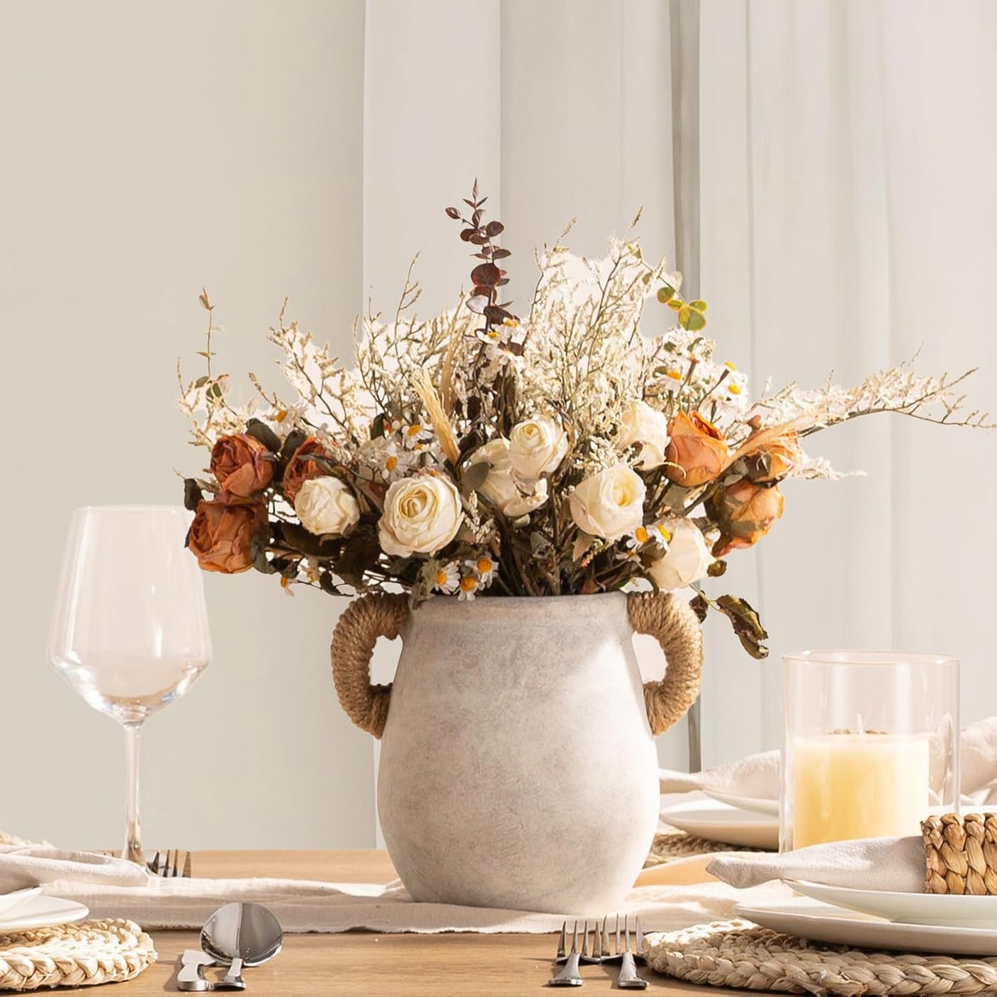 Ceramic Flower Vase Home Decor - 7.1 Inch White Rustic Table Flowers Vases Living Room Bedroom Plant Decoration Modern Farmhouse Vintage for Kitchen Shelf Office Coffee Dining Desk House Women