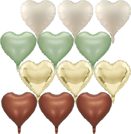 Green Gold Brown Heart Balloons, 12Pcs Retro Green Pastel Gold Beige Coffee Heart Shape Foil Balloons Olive Neutral Tan Cream Balloon for Boho Woodland Birthday Camo Army Hunting Baby Shower
