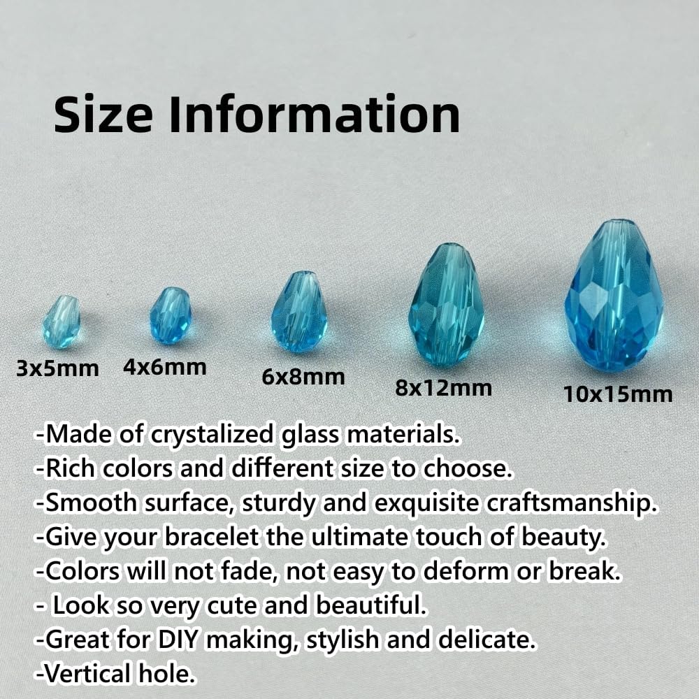 200pcs 3x5mm Teardrop Crystal Glass Beads for Jewelry Making, Faceted Vertical Hole Teardrop Glass Spacer Beads for Wind Chimes Bracelet Earring Necklace DIY Craft(Lake Blue)