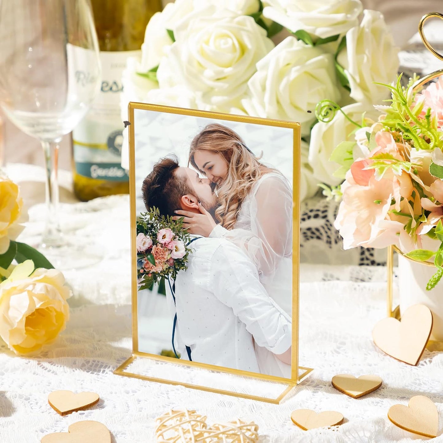 Hoteam 24 Pack 4 x 6 Clear Acrylic Sign Holder with Gold Borders, Gold Picture Frame, Double Sided Wedding Table Number, Acrylic Menu Stands for Wedding Table, Restaurant Sign, Photos Display