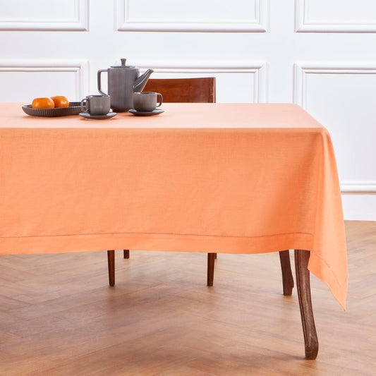 Solino Home Linen Tablecloth 60 x 132 Inch - Classic Hemstitch 100% Pure Linen Coral Table Cloth for Rectangle Tables - Machine Washable Tablecloth