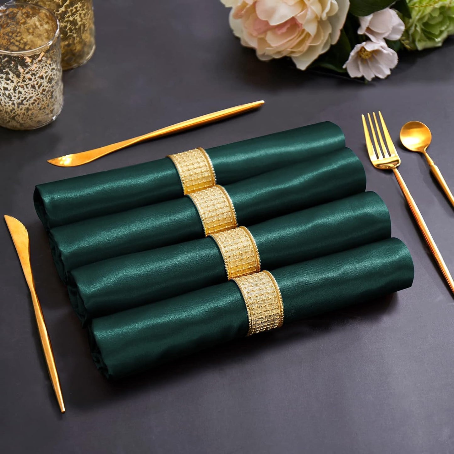 Horbaunal 16 Pack Forest Green Satin Napkins 17 x 17 Inch, Square Soft Table Dinner Napkins, Silky Cloth Napkins Table Decoration for Weddings Banquets Parties