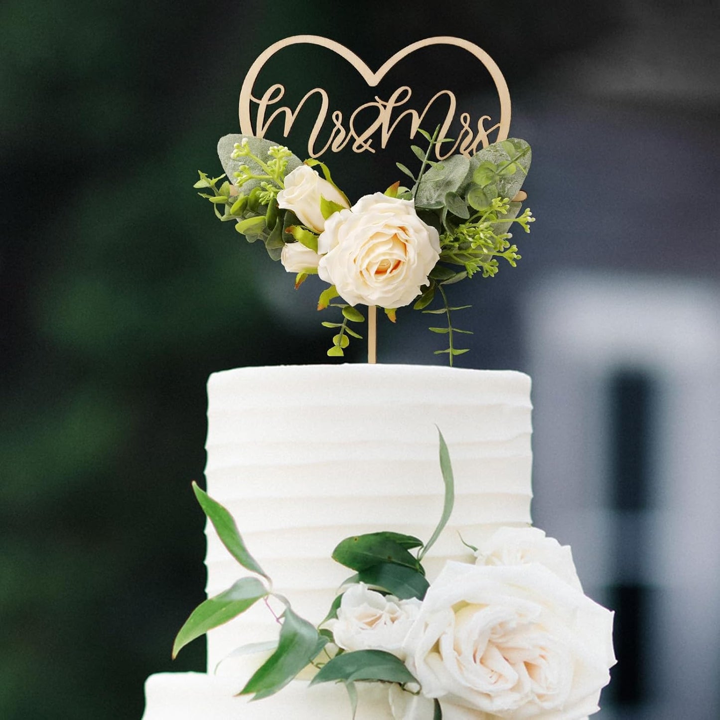 Mr & Mrs Wedding Cake Topper in Wood Heart Cake Topper with Flowers and Leaves