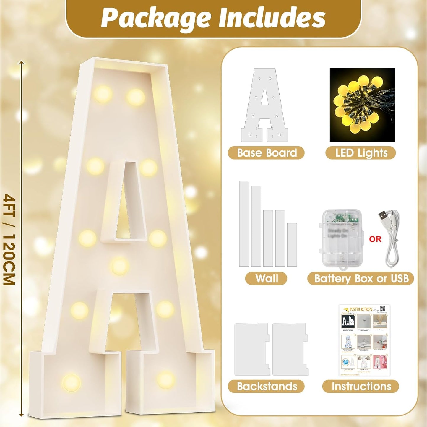 Ledido 4FT Marquee Light Up Letters Large Light Up Letters for Party Decoration, Marquee Letter for Birthday Graduation Baby Shower Wedding, Pre-cut Foam Board Assembly Required Letter L