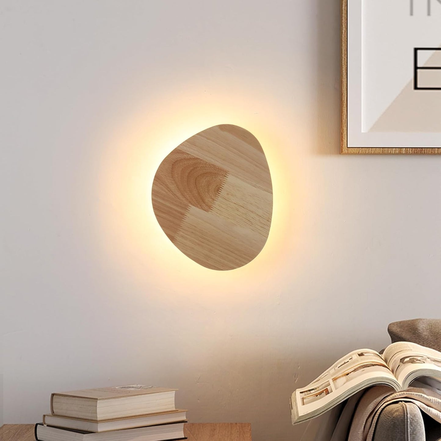 Modern Minimalist Plug in Wall Sconces, 9.4'' Plug-in Or Cordless Wood Backlight LED Wall Lamp, 12W, 1100LM Warm White Brightness Wall Light Fixtures for Bedroom, Living Room Wall Décor