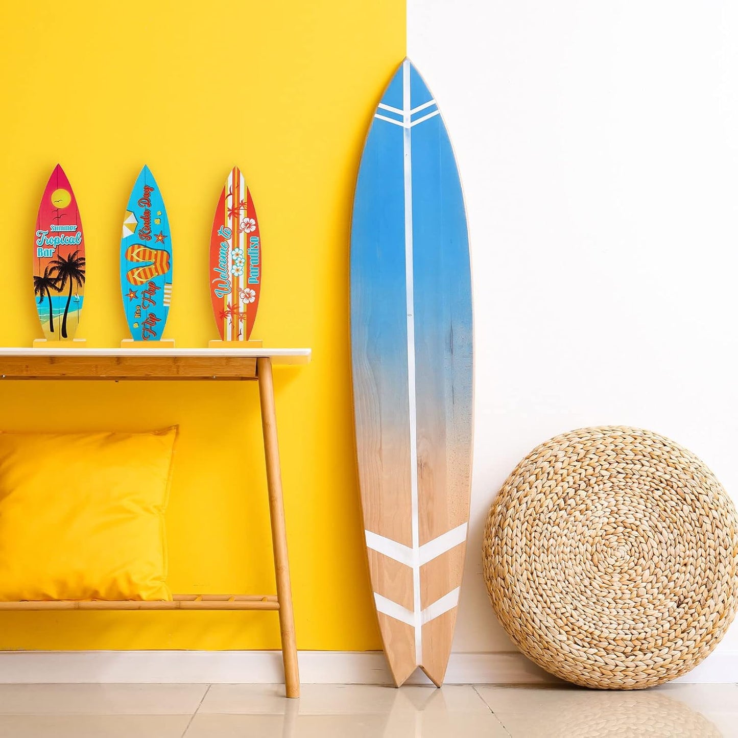 Blulu 4 Pcs Surfboard Table Decorations Surfboard Beach Signs Welcome to Paradise Sign Tropical Bar Table Centerpieces Endless Summer Wood Decor Flip Flop Letters for Home Decor(12.6 x 3.66 Inch)