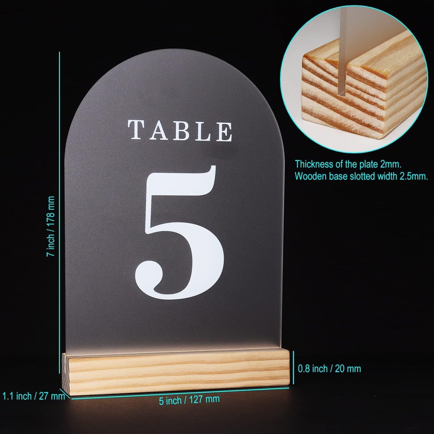 Wedding Table Numbers 16-20, Acrylic Arch Signs with Natural Wood Stands Holders, Rustic Table Decor for Reception & Parties (Frosted White)