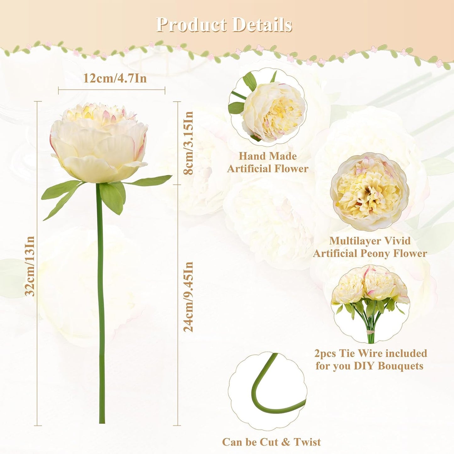U'Artlines 20 Heads Artificial Peony Silk Flower Leaf Home Office Wedding Party Festival Bar Decor (Champagne)