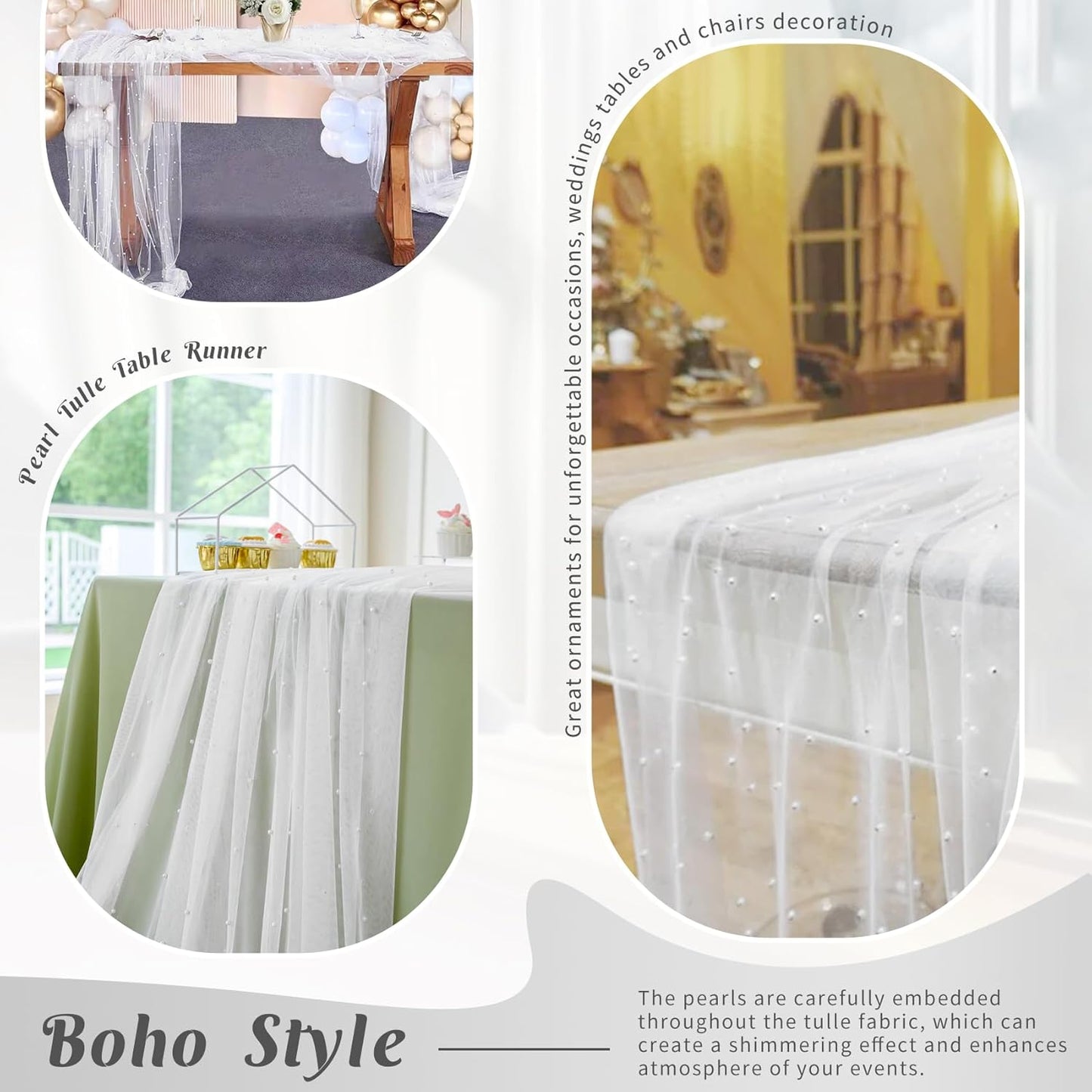 Set of 6 Pearl Table Runner 29 x 120 Inch White Tulle Fabric Lace Table Runners Boho Rustic Table Runners for Bridal Shower Birthday Party Wedding Arch Aisle Veil Dessert Table Decor(White)