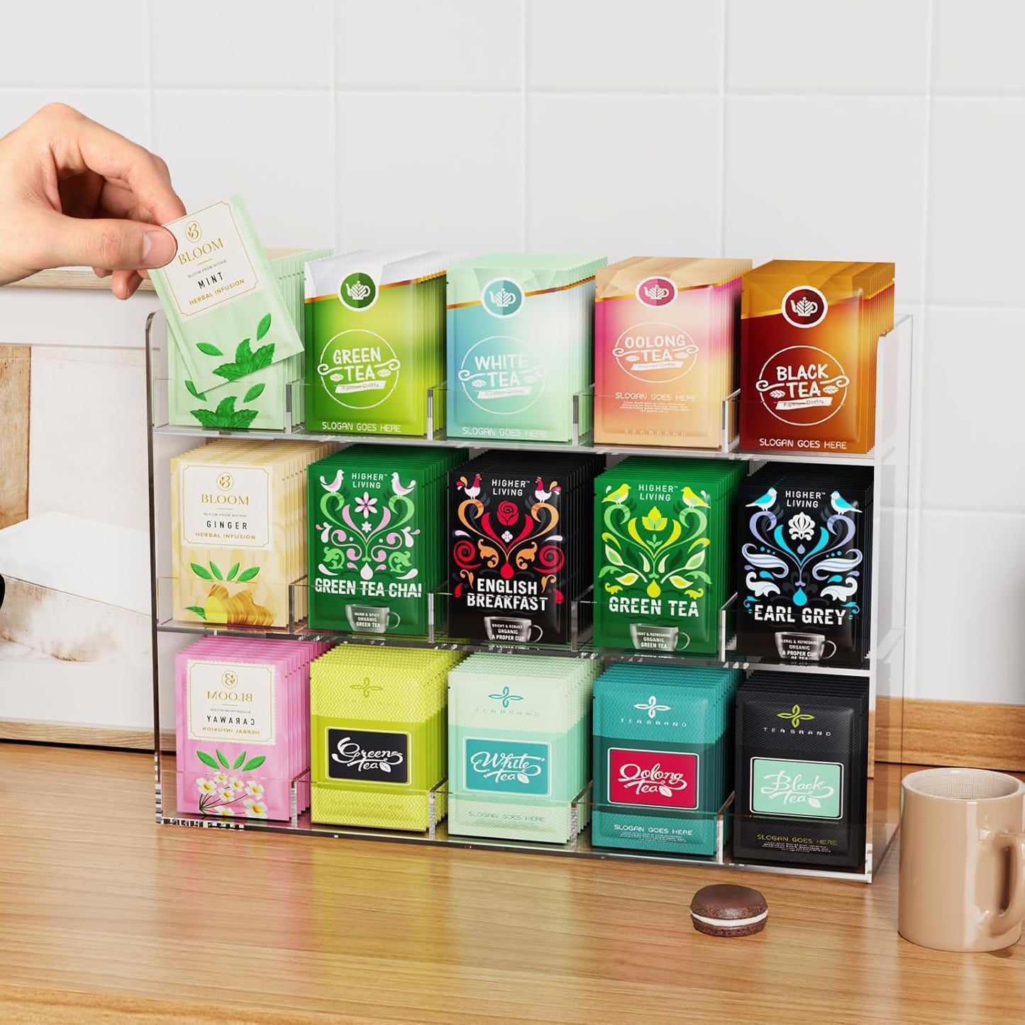 Acrylic Tea Bag Organizer, 3 Layers Tea Bag Holder for Tea Packets, No Assembly Required, Wall Mount Display Tea Caddy for Countertop or Cabinet, 15 Slots