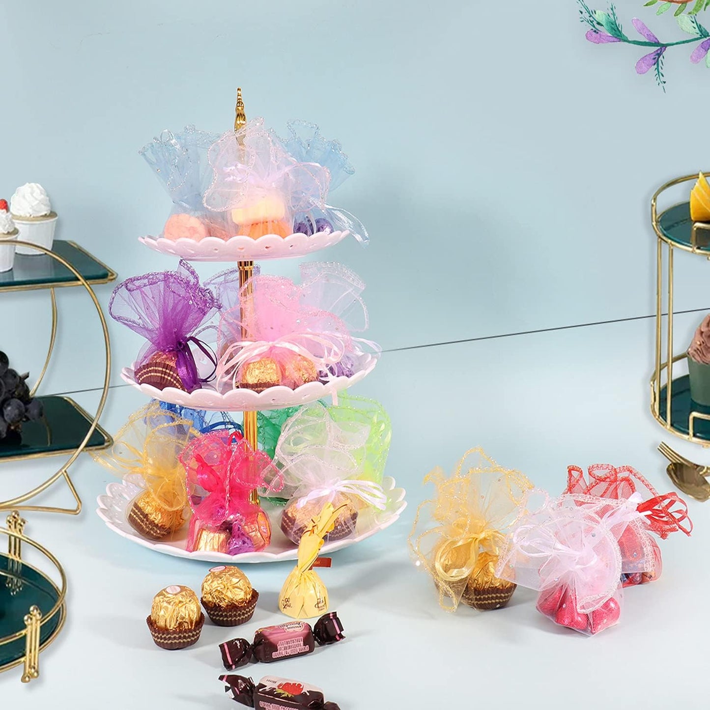 100Pcs Orange Round Organza Bags 9.8 Inch, Sheer Tulle Circles with Drawstring Halloween Candy Pouches, Wedding Party Favor Gift Bags