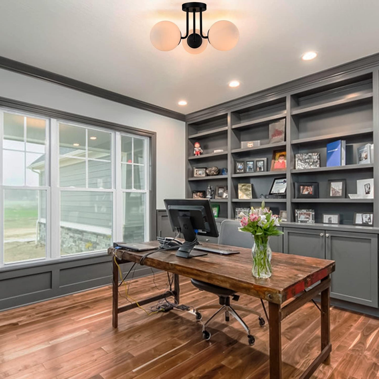 3-Light Modern Black Metal Semi Flush Mount Ceiling Light with White Globe Glass Shade Ceiling Mount Light Fixture for Hallway Living Room Sputnik Chandelier Lighting