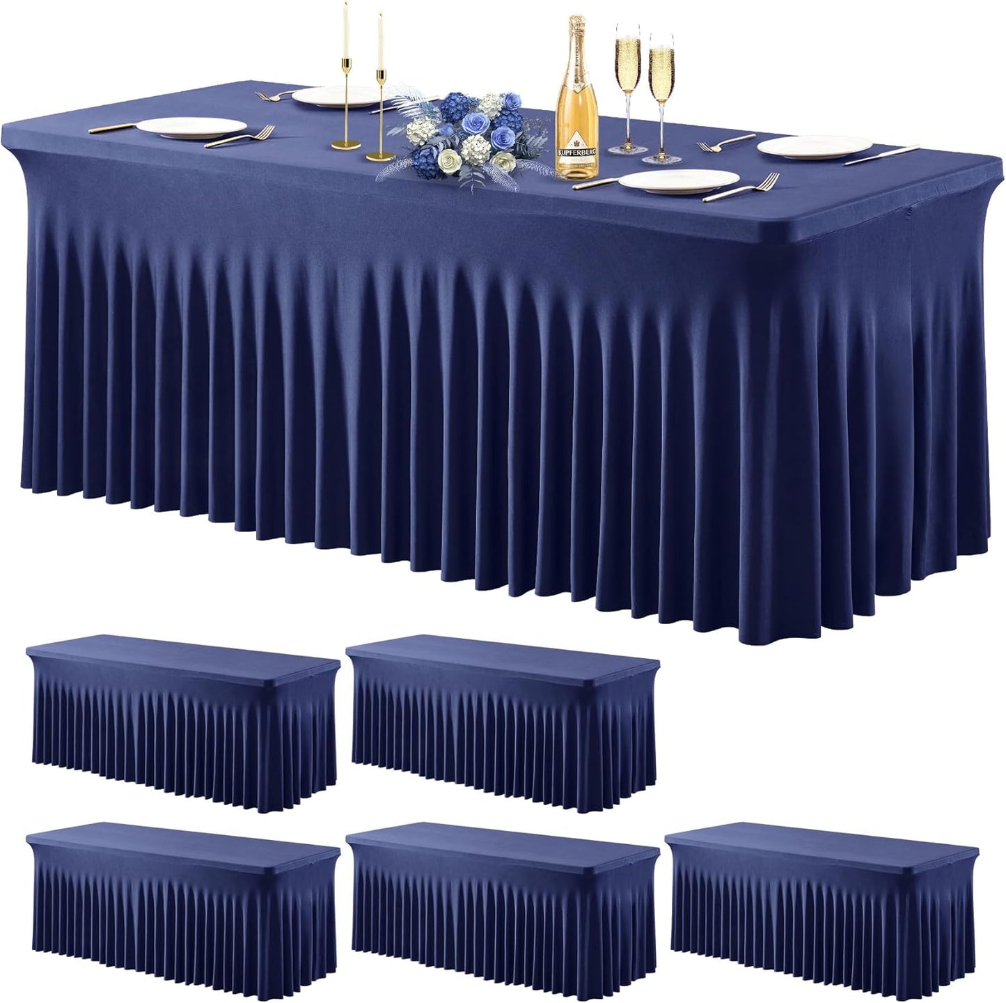 6 Pack Navy Blue Stretch Spandex Table Clothes for 6 Foot Rectangle Tables, 6FT Wrinkle Free Fitted Tablecloths Ruffles Design Table Cover for Party, Banquet, Wedding and Events