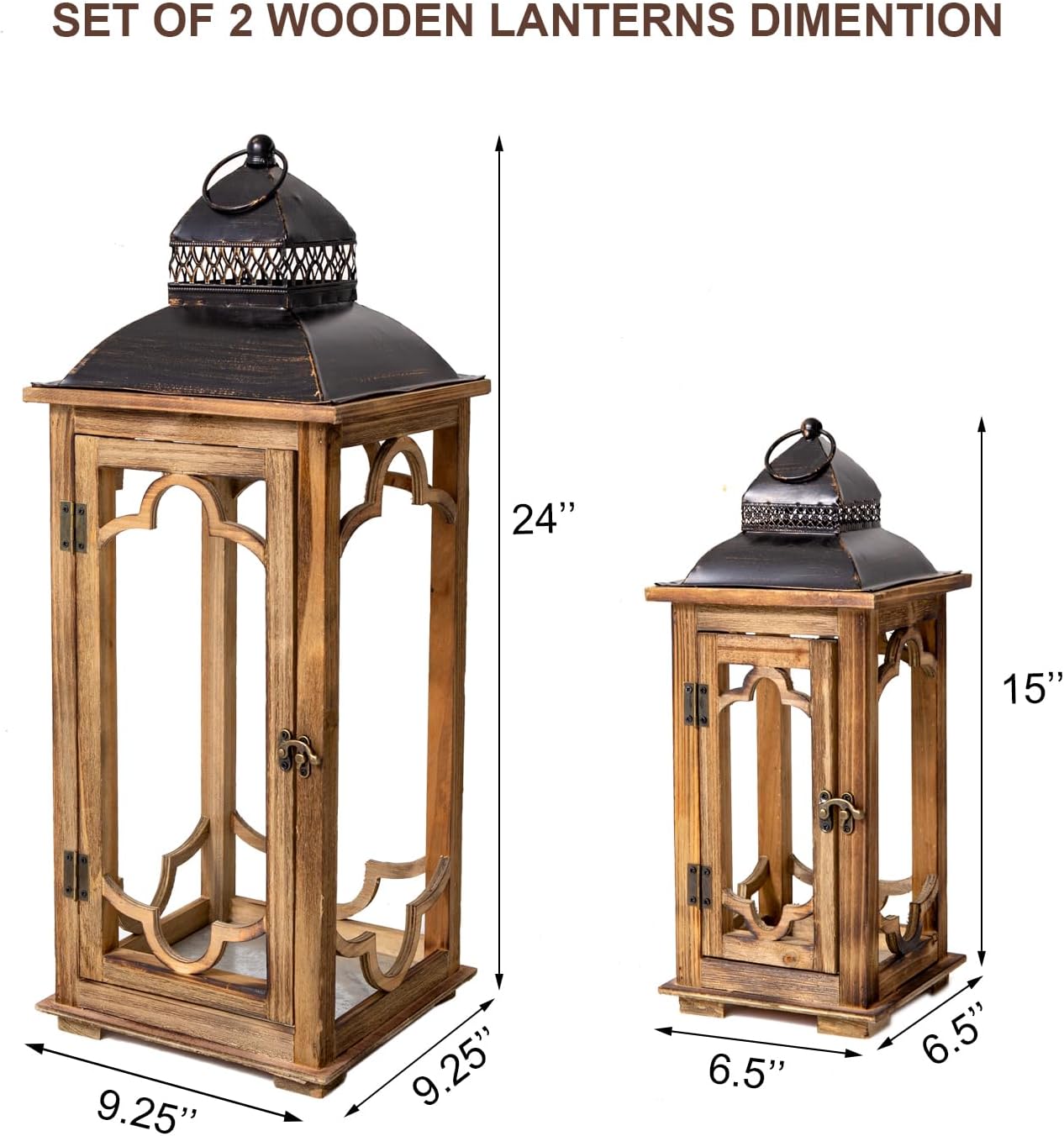 Large Farmhouse Decorative Wooden Lantern Set of 2, Rustic Brown Floor Lanterns, Indoor/Outdoor Hurricane Lanterns for Home Decor (No Glass)