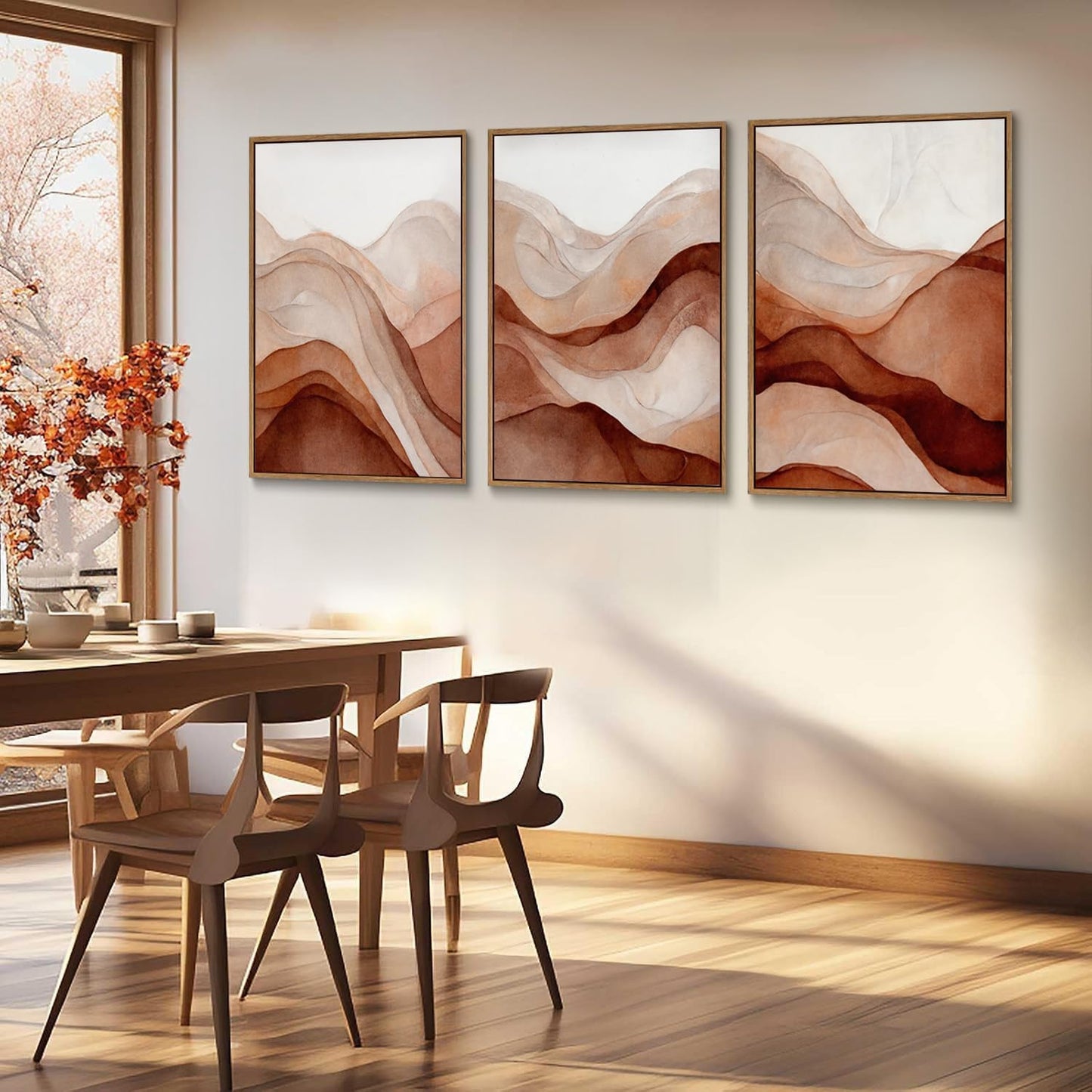 myusuar 3 Piece Large Abstract Framed Wall Art For Living Room, Smoke Texture Ink Warm Brown Terracotta Canvas Wall Art Modern Minimalist Art Prints Wall Décor For Bedroom Office 16x24in