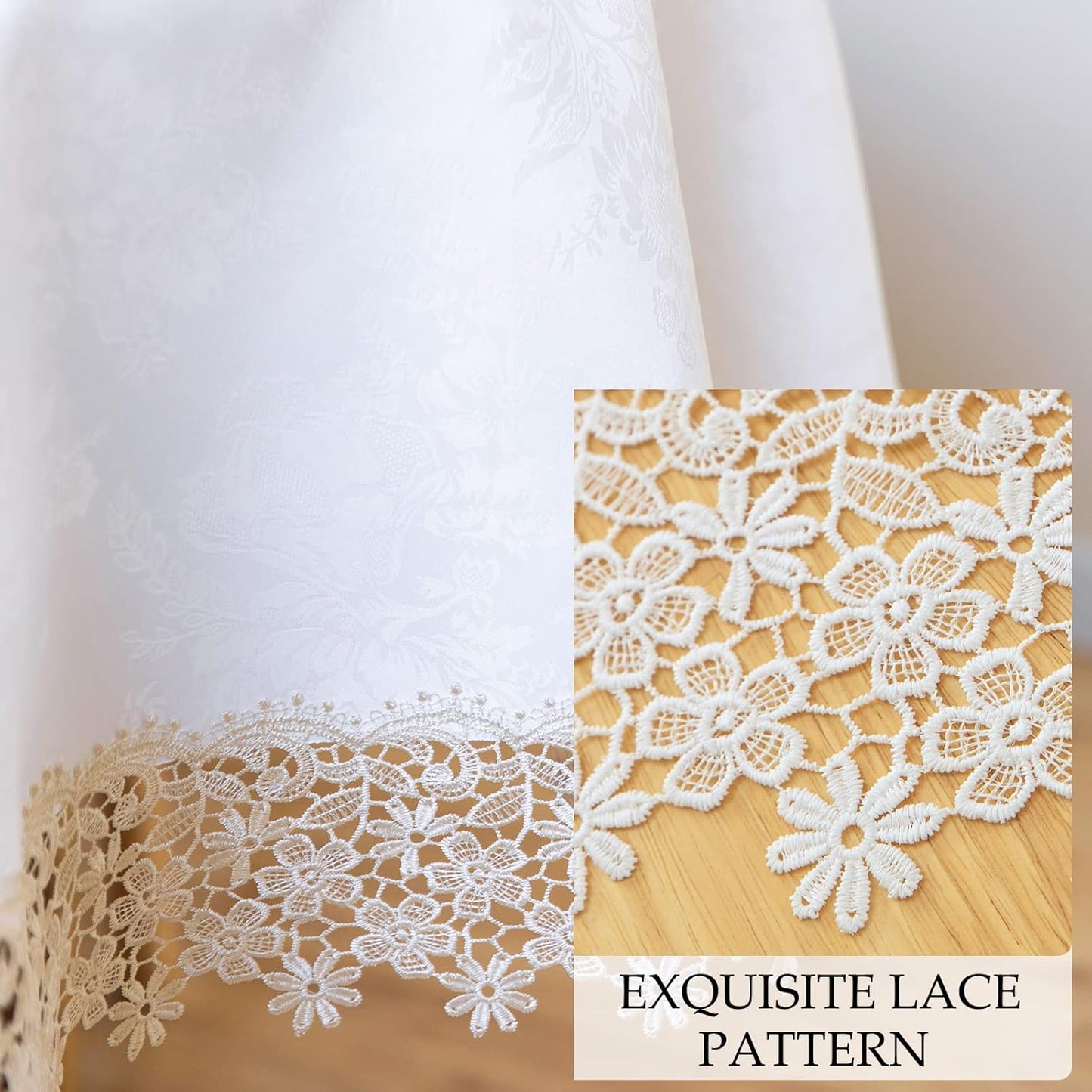 White lace Premium Round Farmhouse Tablecloth Waterproof OilProof SpillProof AntiShrink Soft Wrinkle Resistant Decorative Fabric Table Cover Kitchen Dinning Party Wedding Banquet