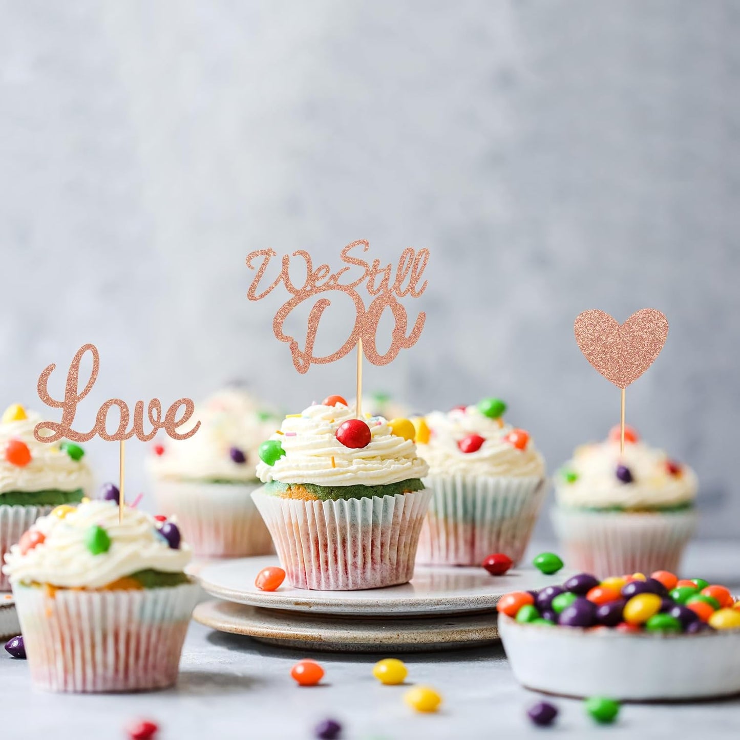 24Pcs We Still Do Cupcake Toppers Glitter Love Heart Marriage Anniversary Cupcake Picks Bridal Shower Wedding Engagement Birthday Cake Decorations Supplies - Rose Gold Glitter
