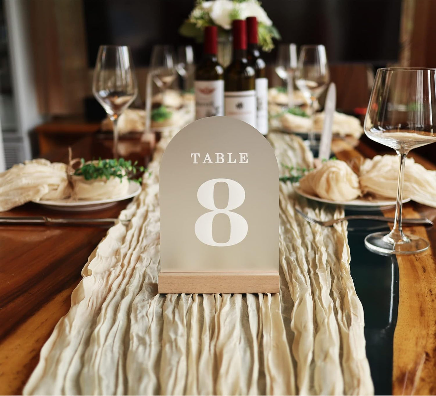 Wedding Table Numbers 1-30, Acrylic Arch Signs with Natural Wood Stands Holders, Rustic Table Decor for Reception & Parties (Frosted White)