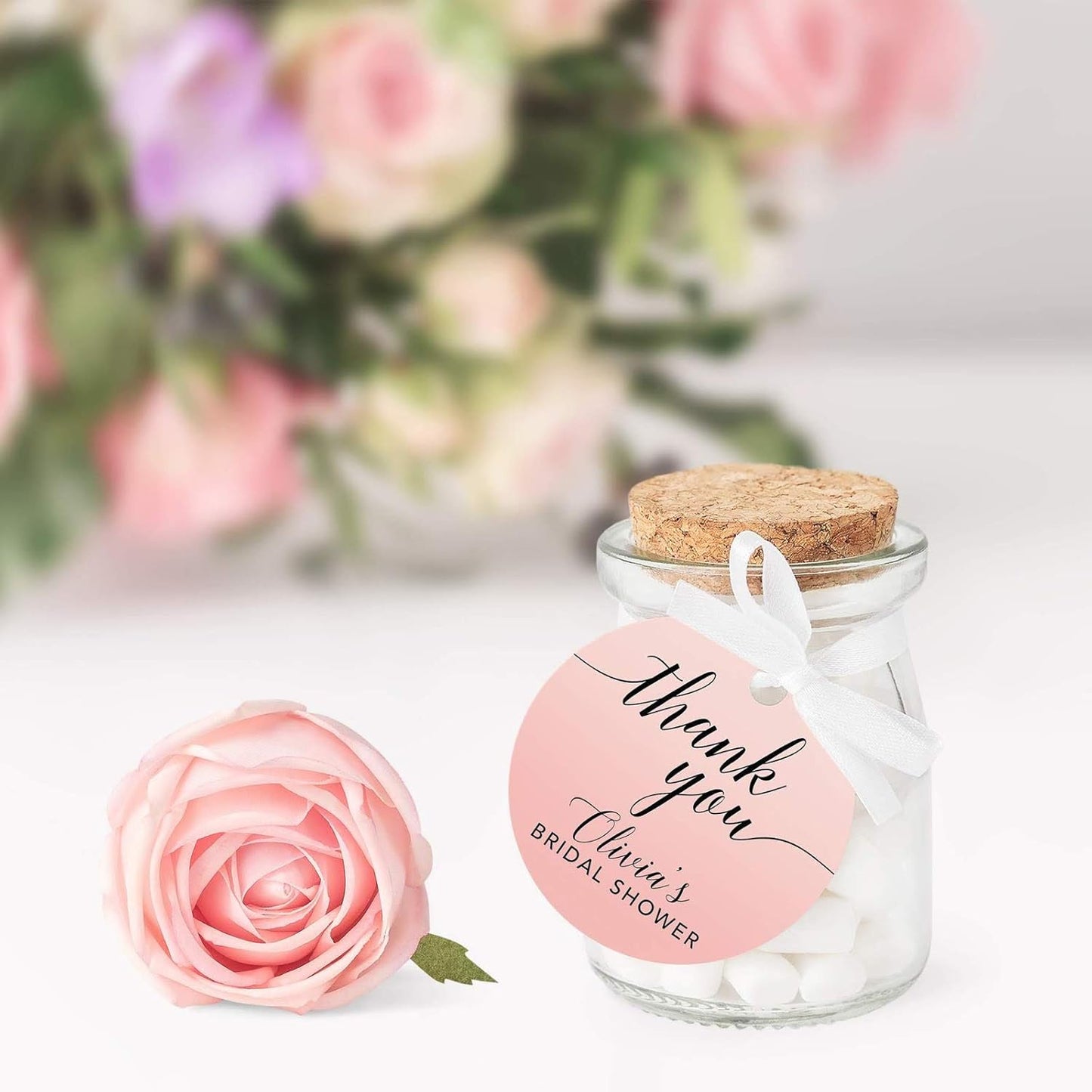 Andaz Press Personalized Blush Pink Rose Elegant Party Collection, Round Circle Tags, Thank You Olivia's Bridal Shower, 24-Pack, Custom Favors Decor