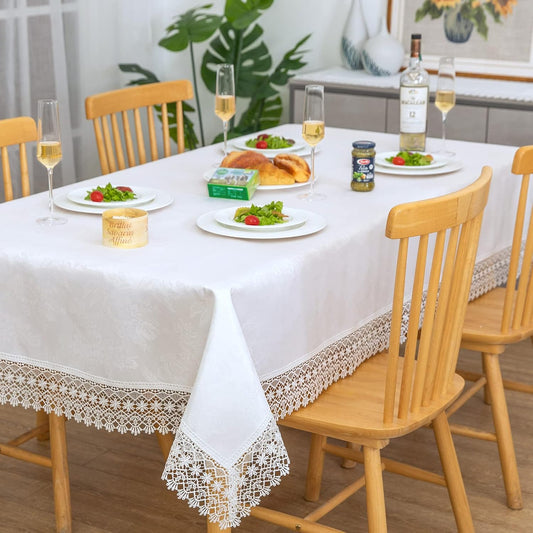 White lace Premium Rectangle Farmhouse Tablecloth Waterproof OilProof SpillProof AntiShrink Soft Wrinkle Resistant Decorative Fabric Table Cover Kitchen Dinning Party Wedding Banquet