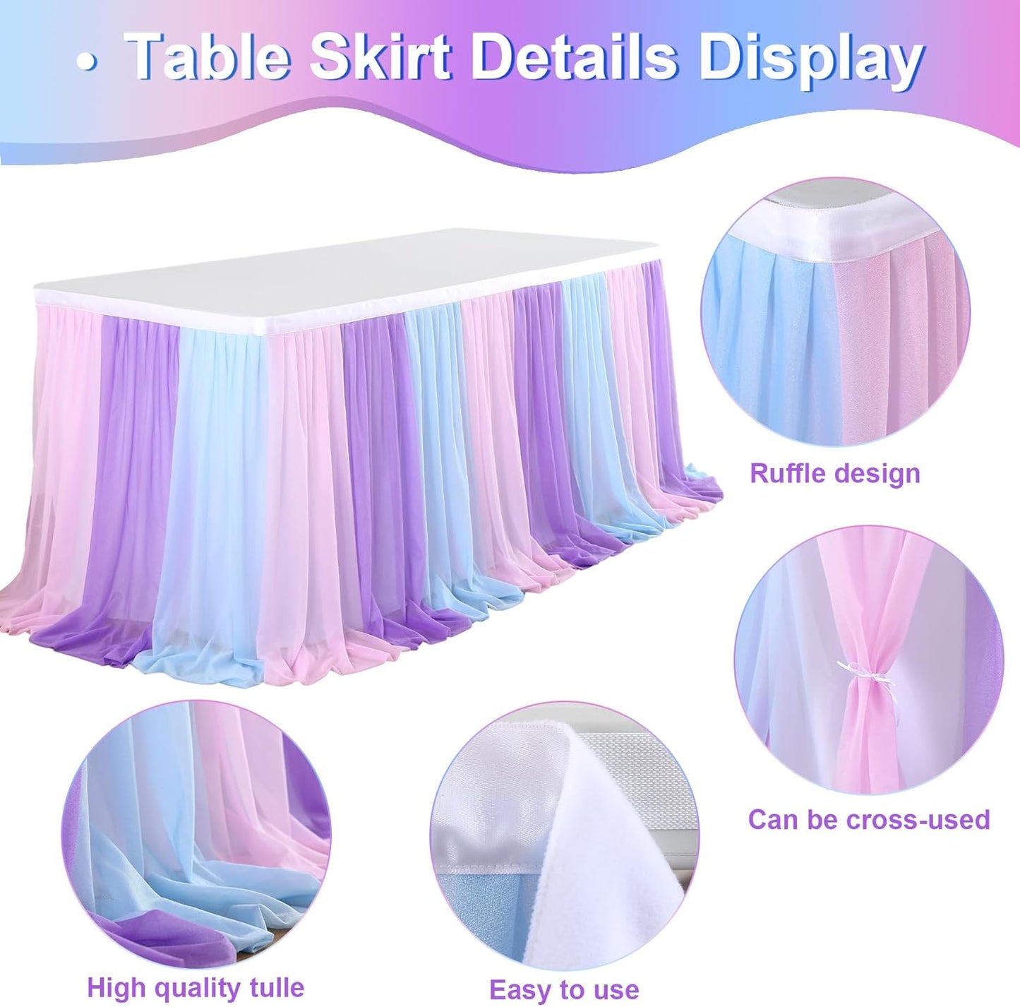 6ft Pink Blue Purple Tulle Table Skirts for Mermaid Baby Shower Birthday Party Wedding Pastel Tutu Table Cloth Cover for Rectangle Tables or Round Tables