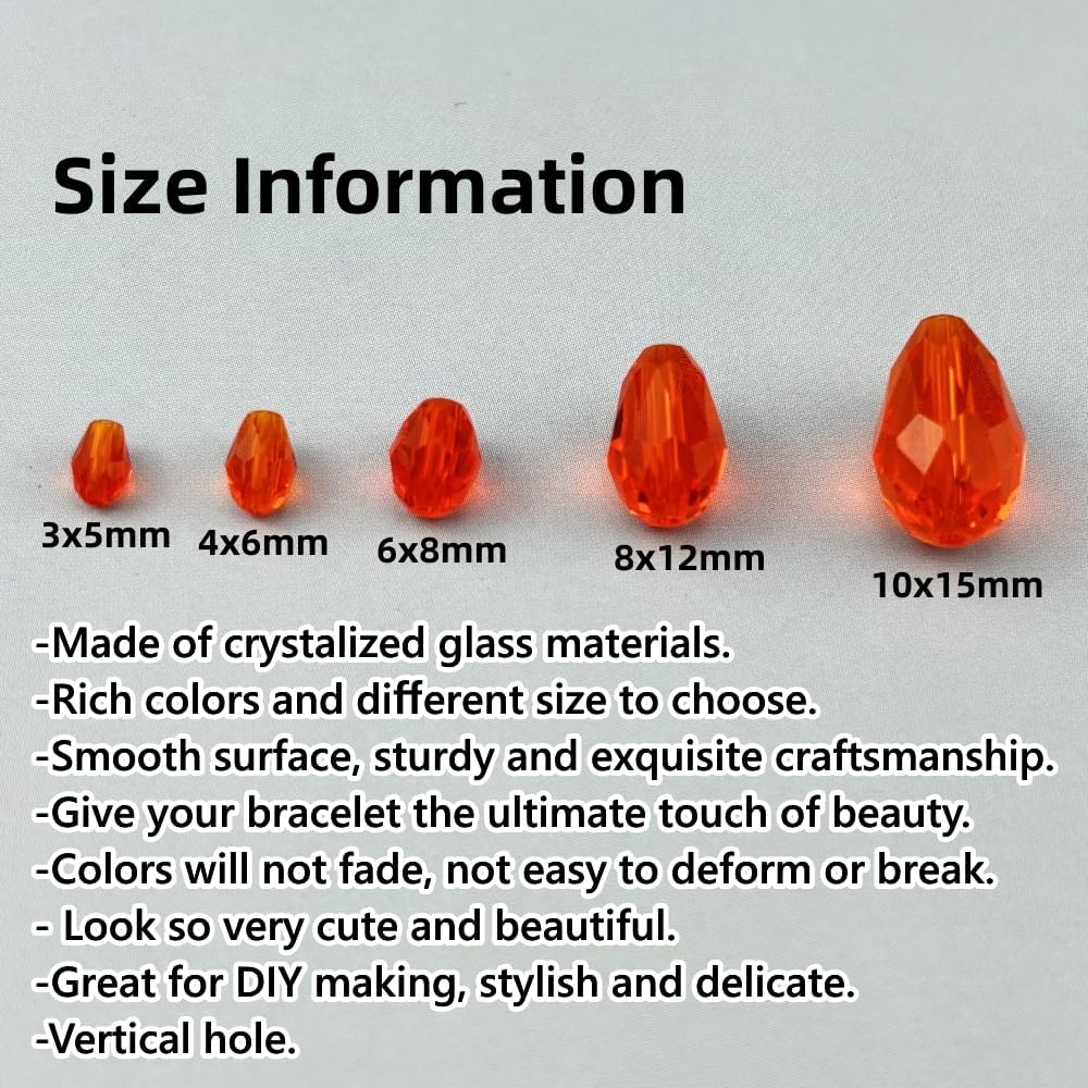 100pcs 8x12mm Teardrop Crystal Glass Beads for Jewelry Making, Faceted Vertical Hole Teardrop Glass Spacer Beads for Wind Chimes Bracelet Earring Necklace DIY Craft(Orange)