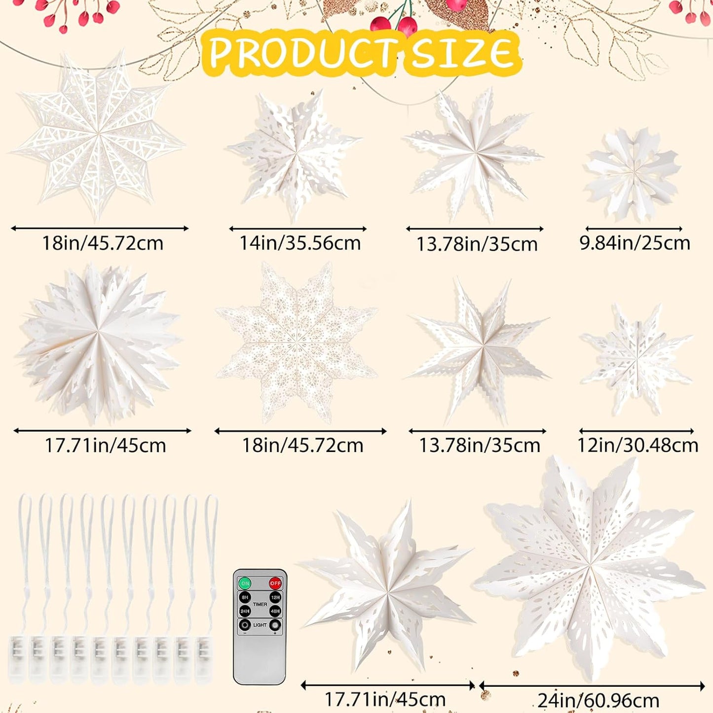 10 Pcs Christmas Paper Snowflake Lanterns, Large Christmas Paper Star Lanterns with LED Lights White Hanging Snowflake Lamp Ornaments for Xmas Winter Frozen Weddings Birthday Holiday Party Decorations