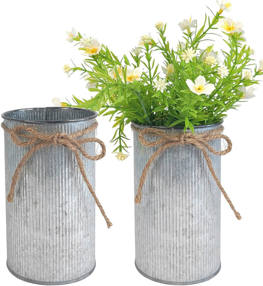 6" High Vase Centerpiece for Table, Rustic Farmhouse Mason Jars with Twine Bow, Vintage Galvanized Metal Flower Container for Wedding Home Decor (Silver, 2Pcs)