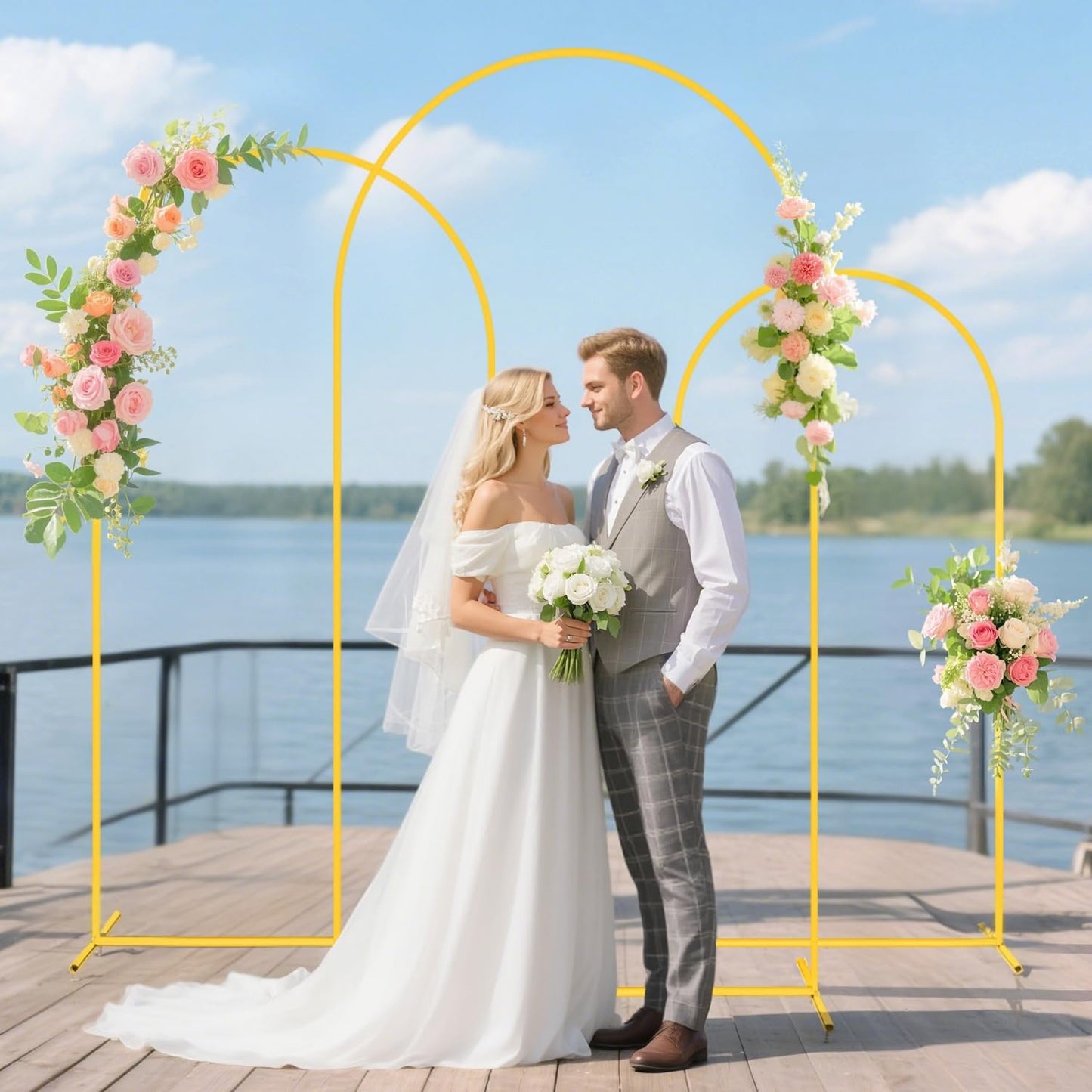 FUHSY Metal Arch Backdrop Stand and Cover Set of 3 Wedding Metal Arch Stand with Navy Blue Arch Backdrop Cover Spandex 6FT, 5FT, 4FT Stable Arch Frames for Bridal Baby Shower Birthday Party Decor