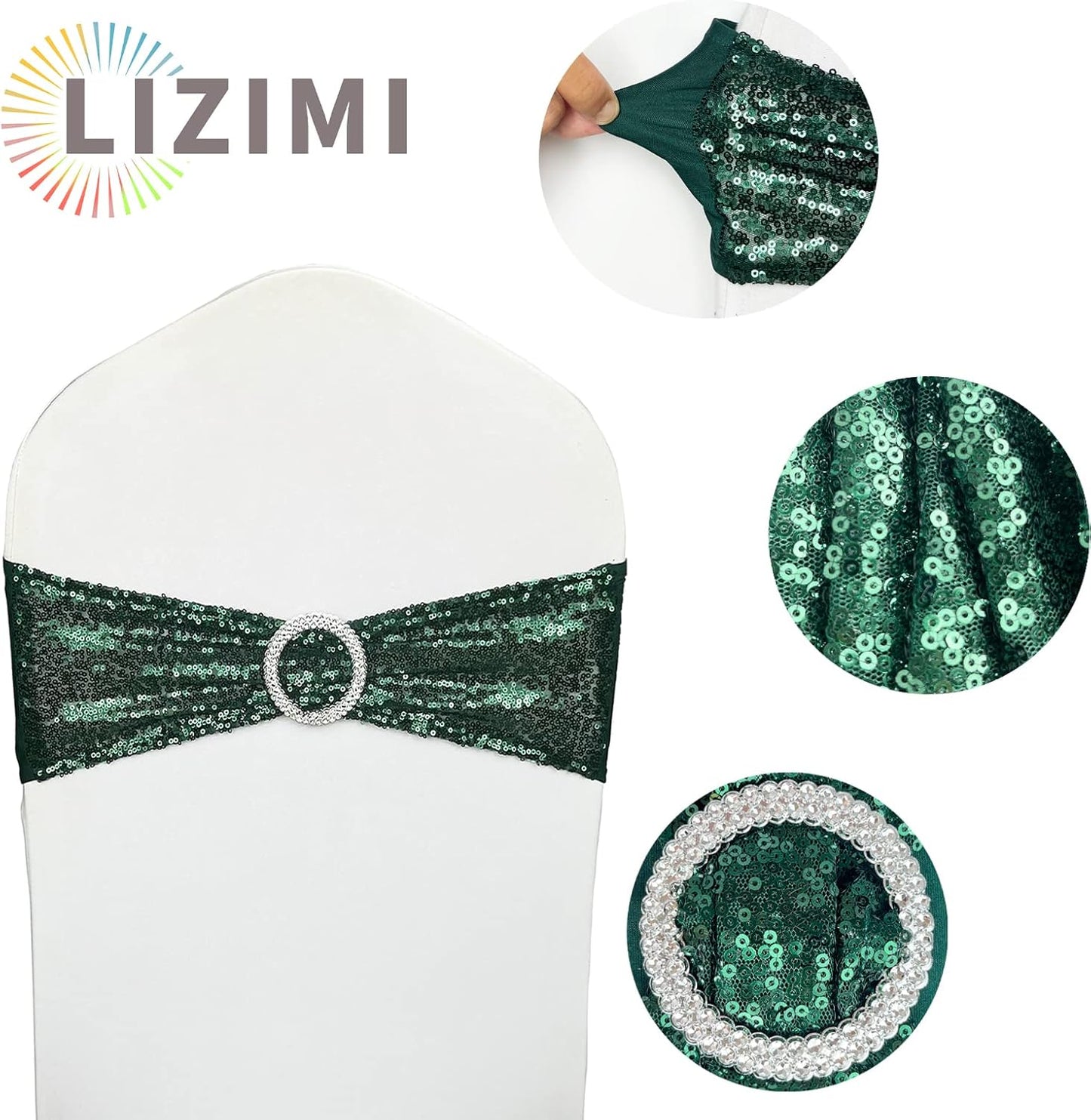 100 Pcs Chair Sashes Sequin Stretch Chair Bands Dark Green Spandex Polyester Bows for Party Hotel Wedding Banquets Decoration - Hunter Emerald Green
