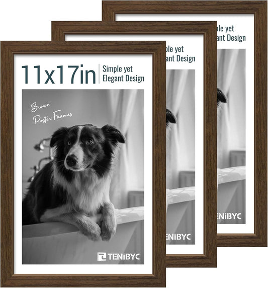11x17 Picture Frame 3 Pack - Brown Woodgrain, Wood Photo Frame, HD Tempered Glass, Wall Gallery Poster Frame