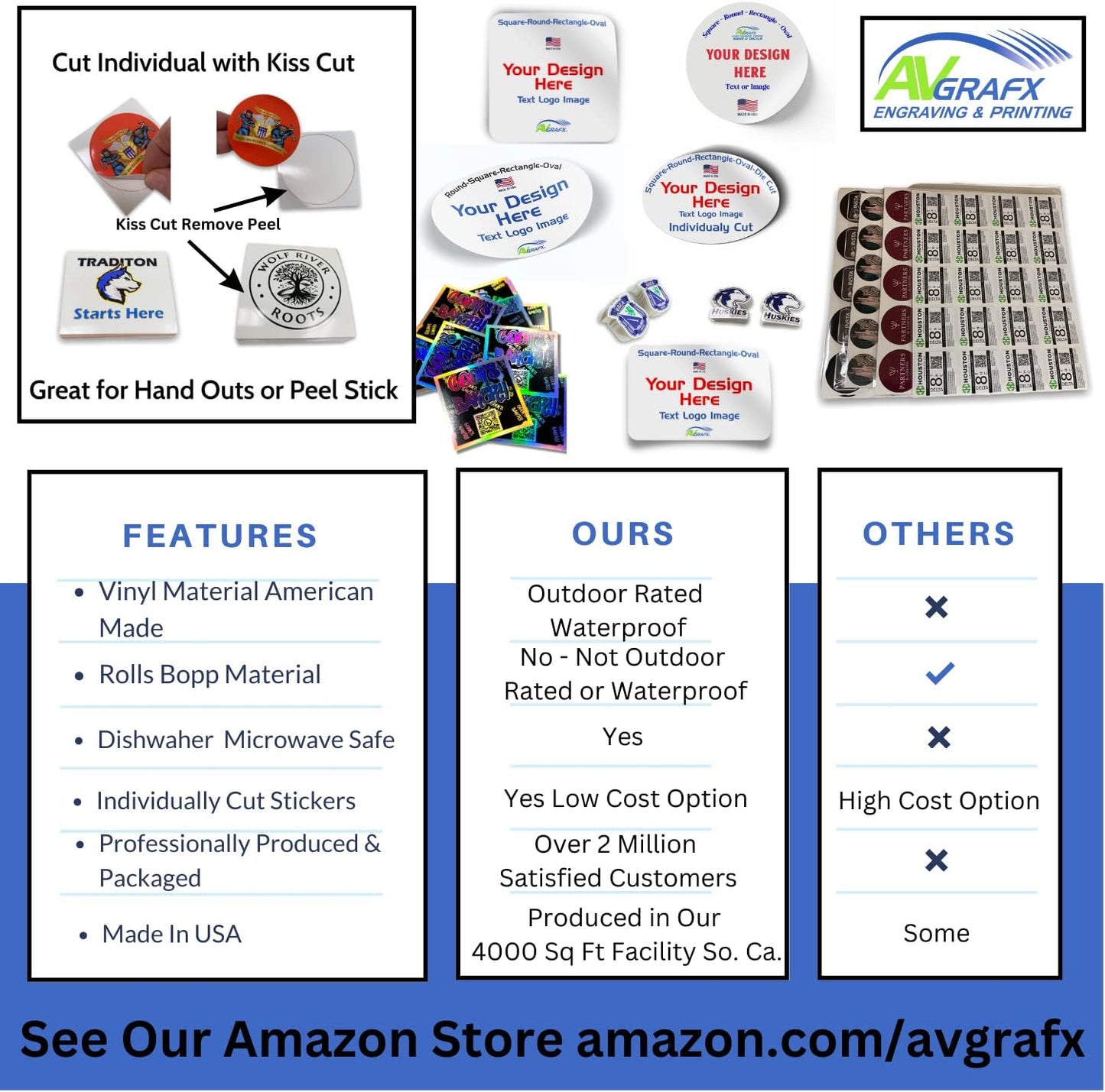 avgrafx Custom Stickers Personalized Labels Waterproof Dishwasher Safe Vinyl 120 2 in, Made USA, Great for Business Packaging Easy Design Your own.