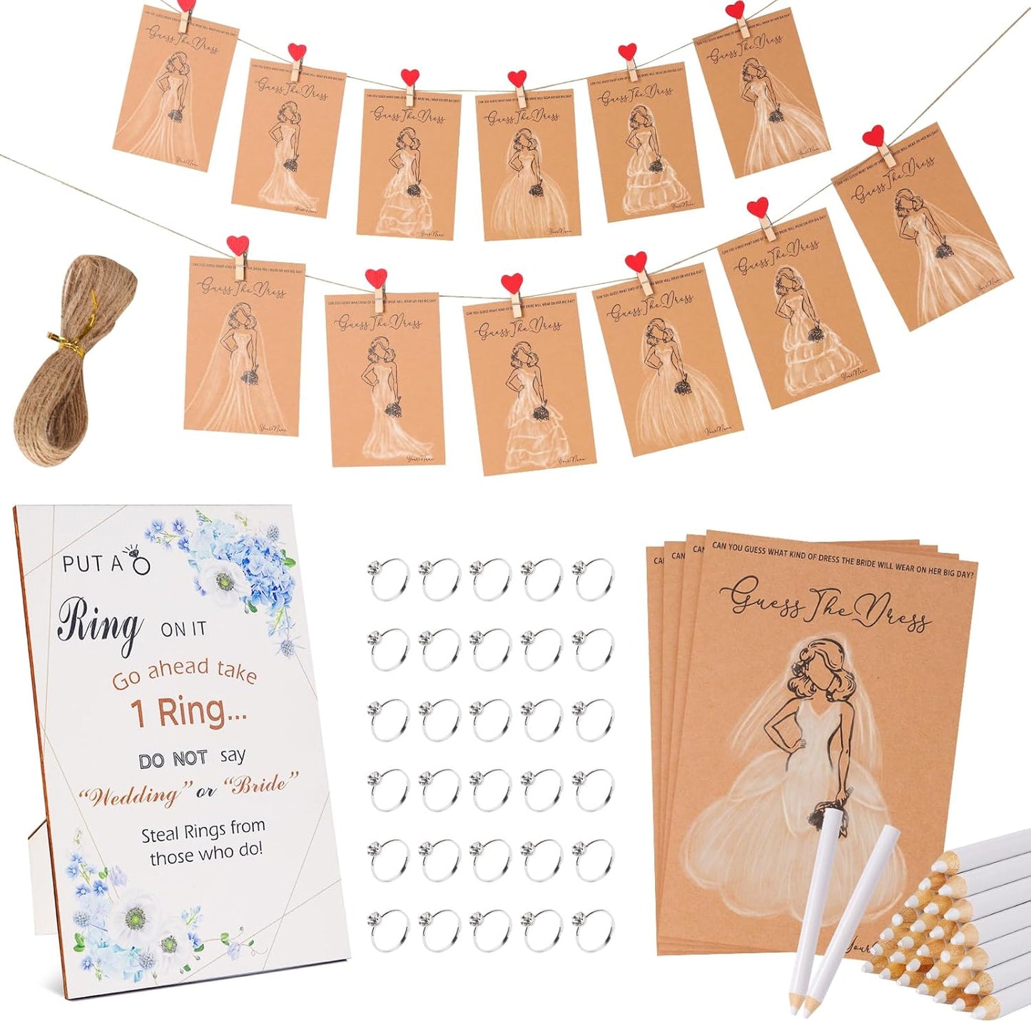 30 Set Bridal Shower Games for guests, Guess the Dress and Ring Wedding Shower Games for Guests with Wooden Put A Ring on It Sign,Red Heart Wooden Clip Wedding Party Supplies Games Ideas