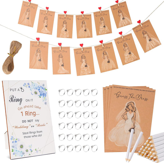 30 Set Bridal Shower Games for guests, Guess the Dress and Ring Wedding Shower Games for Guests with Wooden Put A Ring on It Sign,Red Heart Wooden Clip Wedding Party Supplies Games Ideas