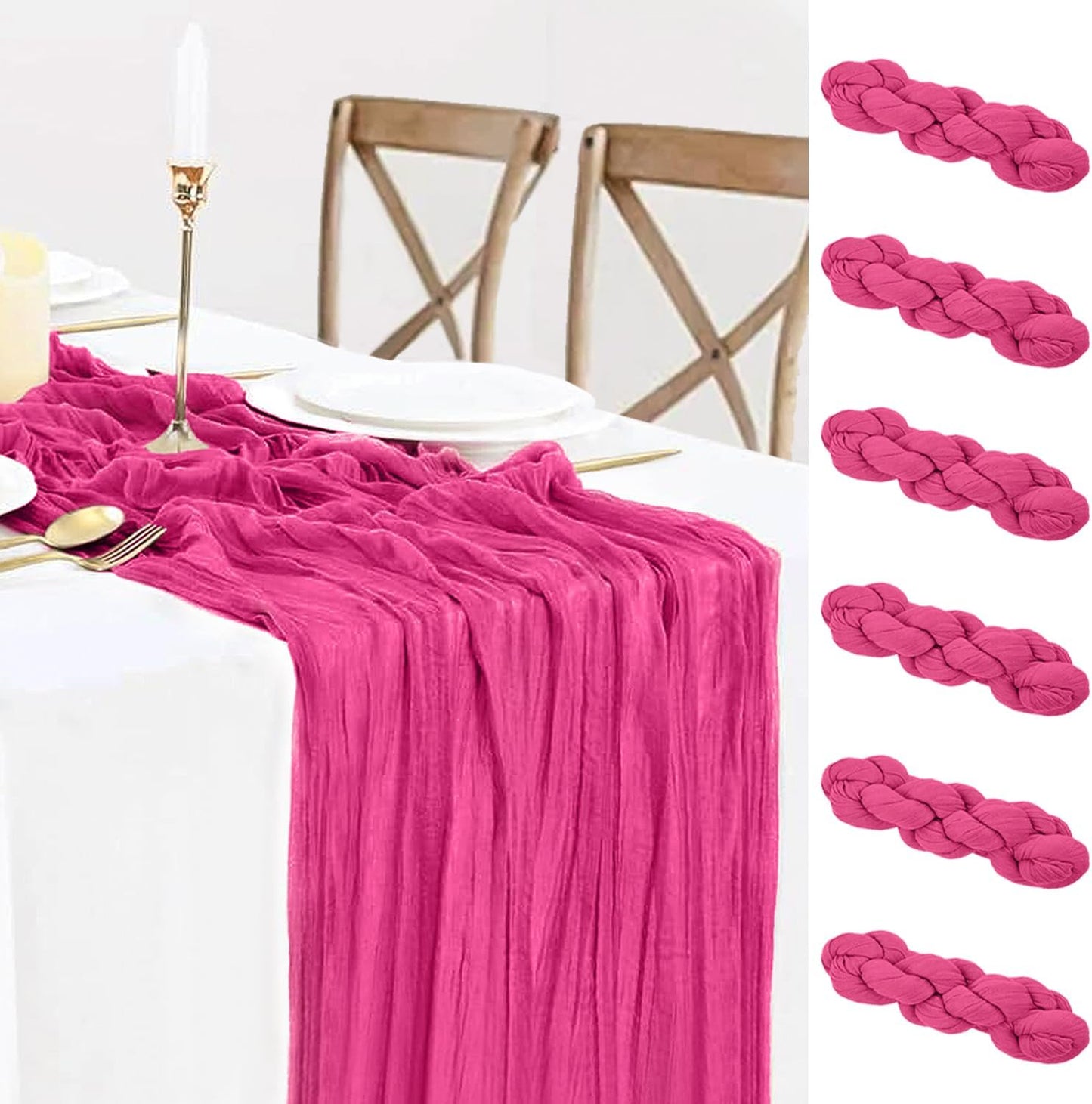 6 Pack Hot Pink Cheesecloth Table Runner Summer Sheer Fuschia Cheese Cloth Table Runner Boho Gauze 120 Inches Summer Table Decorations for Weddings Bridal Baby Shower Birthday Parties