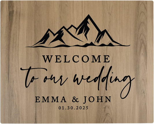 Andaz Press Large Wooden Welcome Sign for Wedding, Rustic Welcome Sign 16" x 20" Custom Names Mountain Woodland Wedding Signage English Oak MDF Wood Finish Wedding Reception Indoor Outdoor Signs