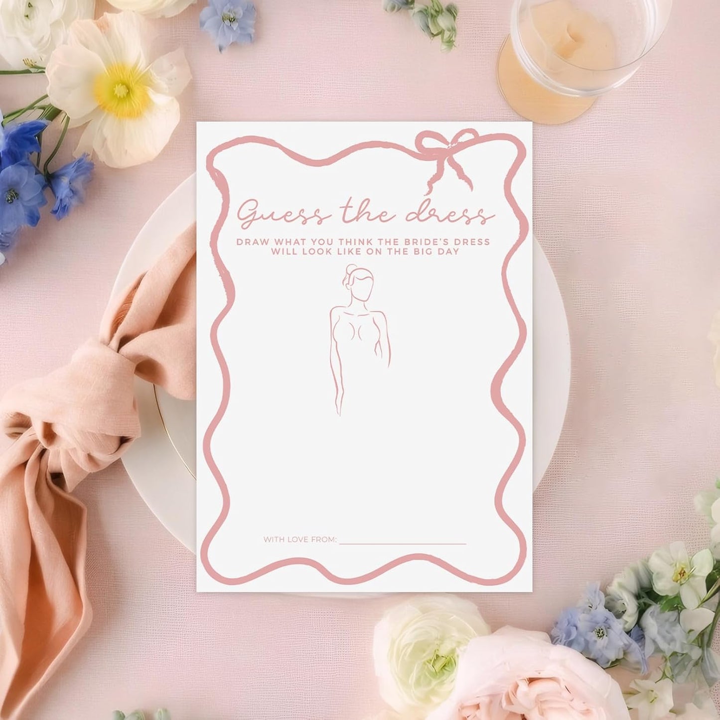 DEEKA 30 PCS Bridal Shower Games Card for 30 Guests White Pink Wavy Border Ribbon Bow Funny Wedding Bachelorette Party Games for Reception (Guess The Dress)