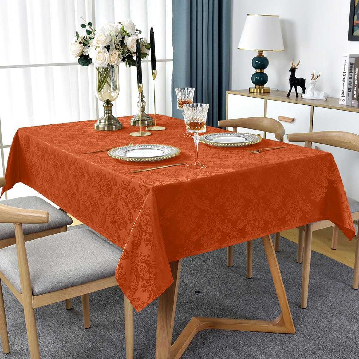 Jacquard Tablecloth Rectangle 60 x 120 Inch, Spill Proof Wrinkle Free Damask Autumn Table Cloth, Reusable Fabric Table Cover for Fall, Thanksgiving, Harvest, Holiday, Rusty/Orange