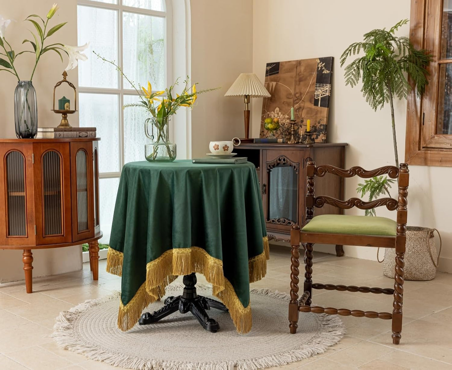 F-CHU Small Square Tablecloth 36 x 36 Inch Velvet Table Cloth Solid Green Small Round Table Cover for Nightstand End Bedside Table Tabletop Decoration，Green Tablecloth