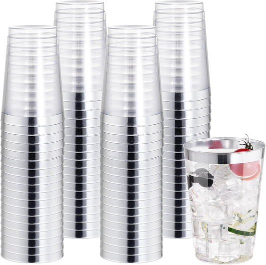 I00000 50 Pack 12 oz Silver Rimmed Disposable Cups, Heavy Duty Plastic Tumblers for Party