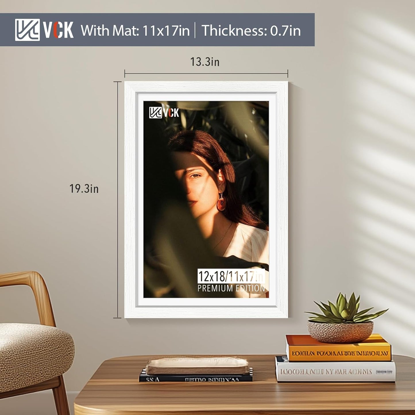 VCK 12x18 Frame, Textured White Wood Poster Frame with HD Glass, Display Picture 11x17 with Mat or 12x18 without Mat, 2 Pack