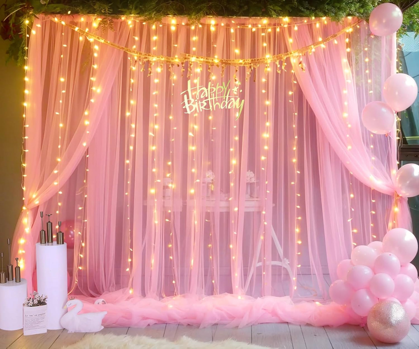 Pink Tulle Backdrop Curtains with Lights String for Parites 10ft×8ft Wrinkle Free Pink Sheer Sparkle Backdrop Curtains for Baby Shower Girls Bridal Shower Birthday Party Photo Shoot Decorations