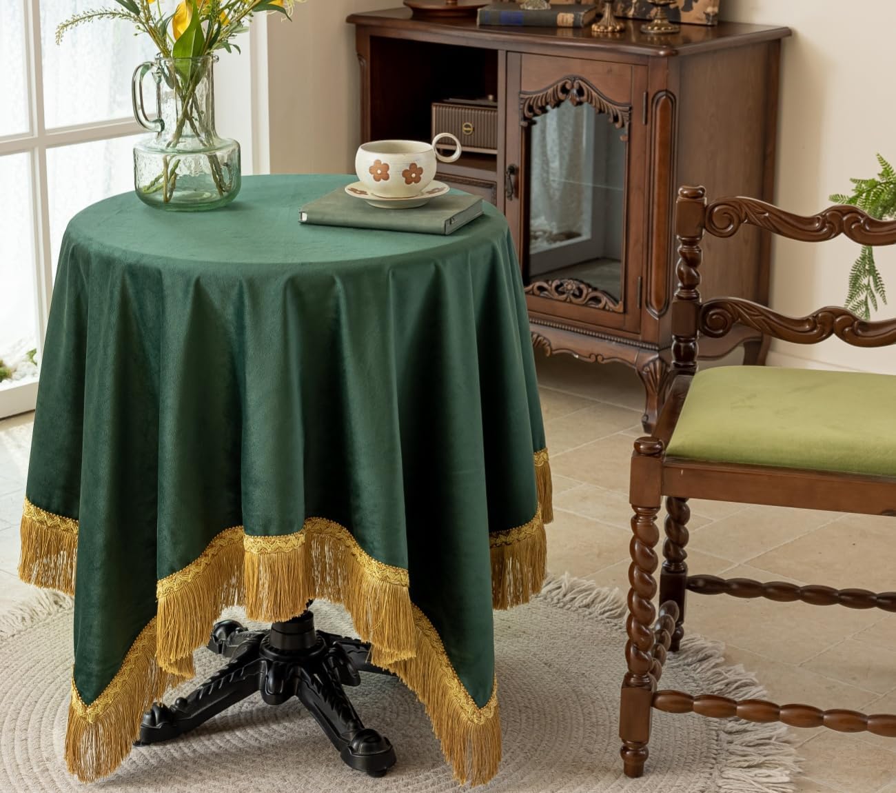 F-CHU Small Square Tablecloth 36 x 36 Inch Velvet Table Cloth Solid Green Small Round Table Cover for Nightstand End Bedside Table Tabletop Decoration，Green Tablecloth