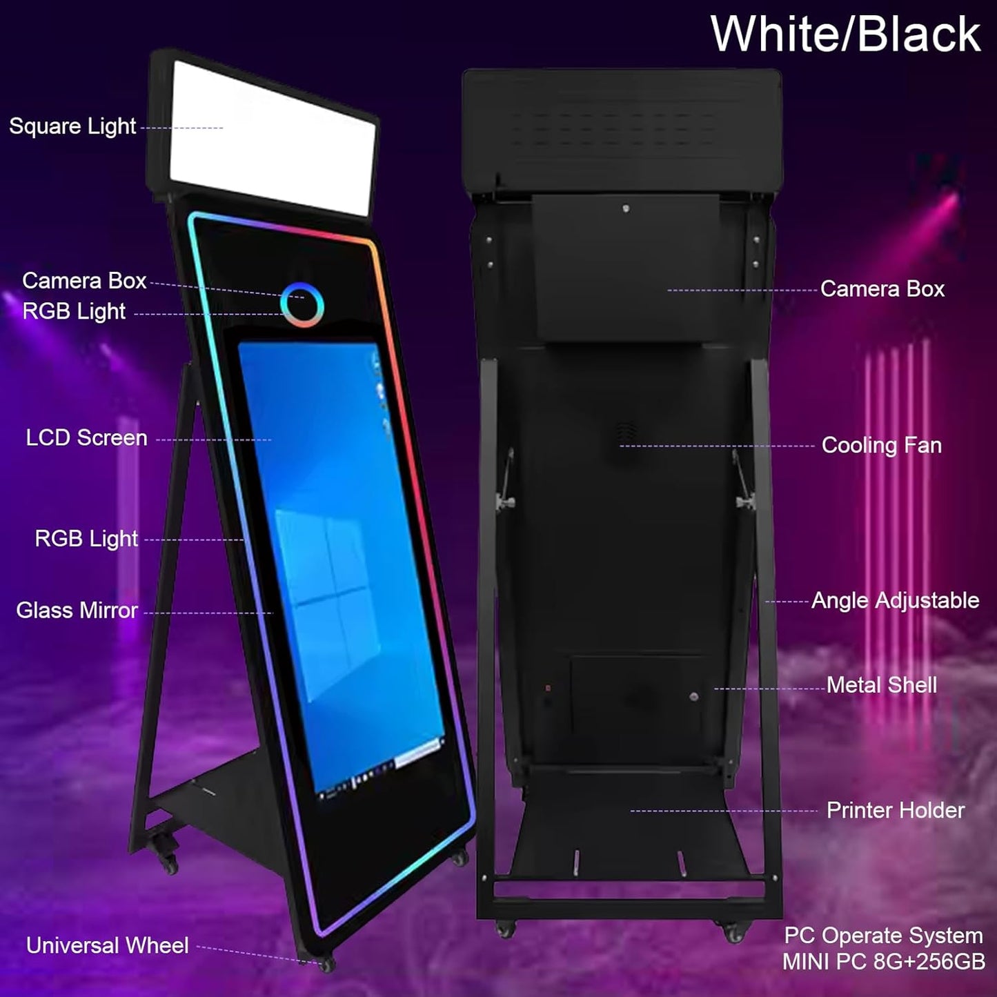 65''Magic Mirror Photo Booth Machine,Mirror Photo Booth 43''Touch Screen,Photo Booth with Flight Case,App Control,RGB Light for Wedding Party Events (Black, Machine+Mini Printer)