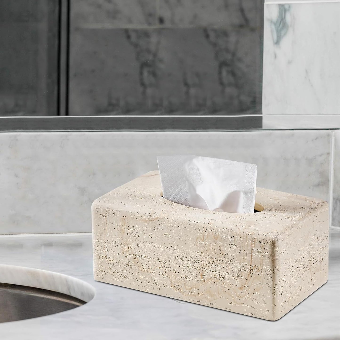 Natural Travertine Textures Tissue Box Cover Rectangular for Home Decor,Resin Heavy Tissue Box Holder for Bathroom Countertop,Tabletop,Bedside Table,Office （Made of Resin, Height of 4 in
